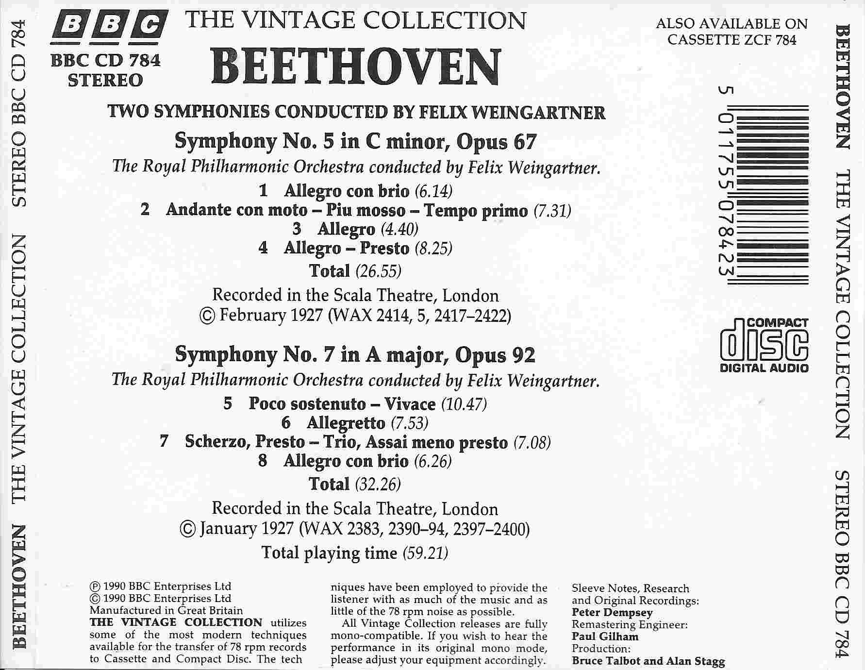 Picture of BBCCD784 The vintage collection - Beethoven / Weingartner by artist Beethoven / Weingartner from the BBC records and Tapes library